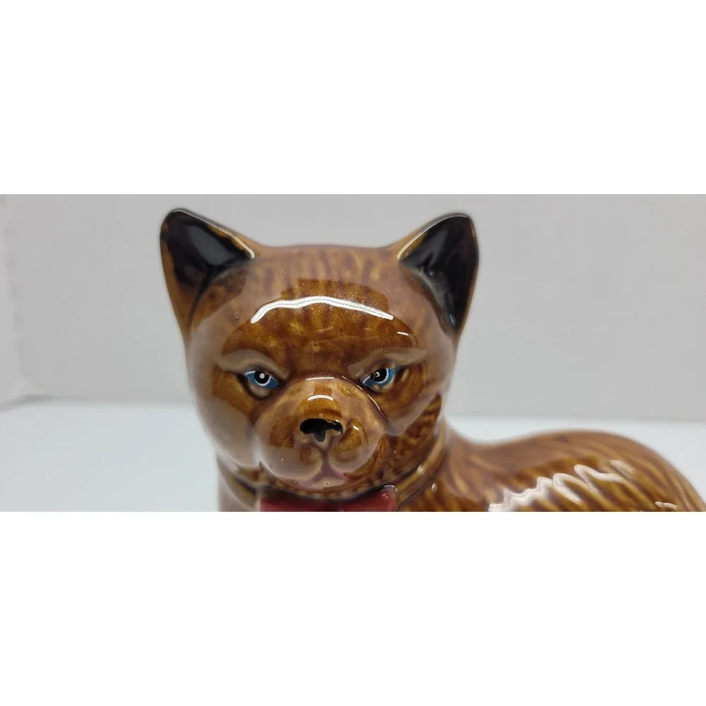 Vintage Porcelain Kitty‎ Cat Handcrafted Collectibles Brown Black Red Bow Tie